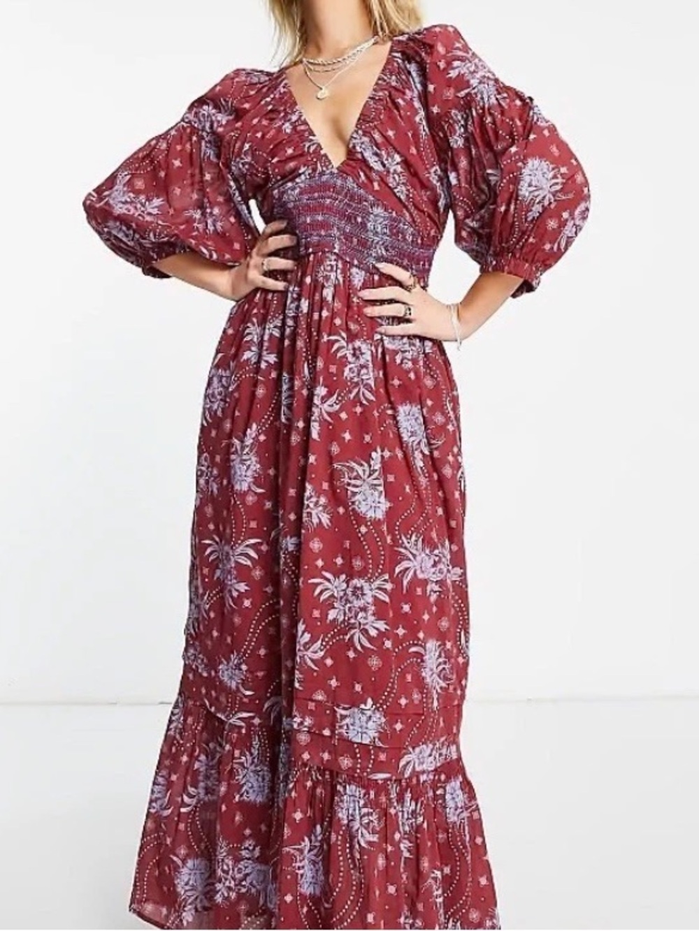 Free People Golden Hour Boho Hippie Maxi Dress Wine Red Floral Size Medium